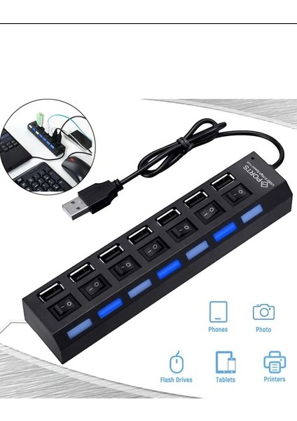 7 Port USB Çoklayıcı Hub Anahtarlı Aç/kapa Düğmeli Işıklı Taşınabilir USB Güç Adaptörü Yüksek Kalite 2.0 Hub