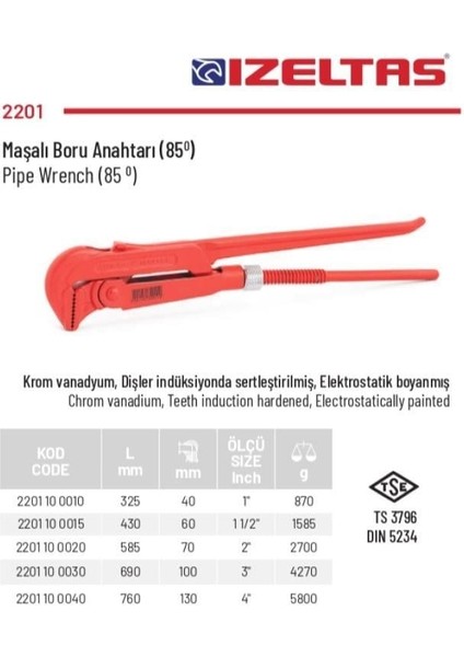 Izeltaş 1-1/2" Maşalı Boru Anahtarı 2201 10 0015 modelleri