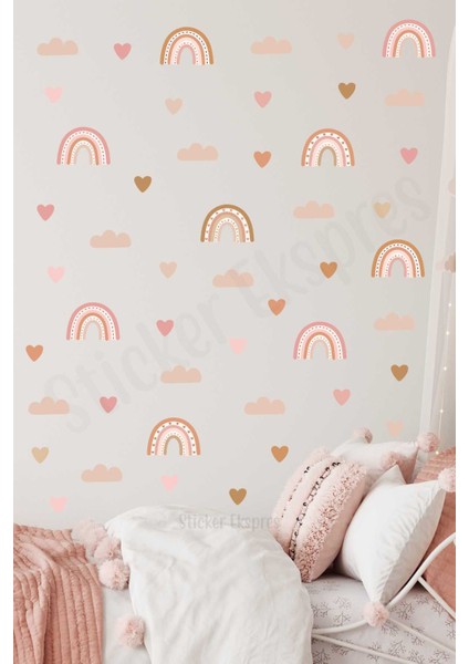 Soft Pembe Soft Kahverengi Tonlarda Boho Gökkuşağı ve Kalpler Çocuk Odası Duvar Sticker
