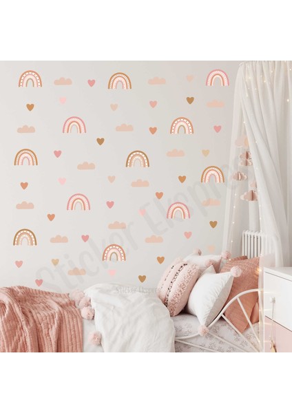 Soft Pembe Soft Kahverengi Tonlarda Boho Gökkuşağı ve Kalpler Çocuk Odası Duvar Sticker