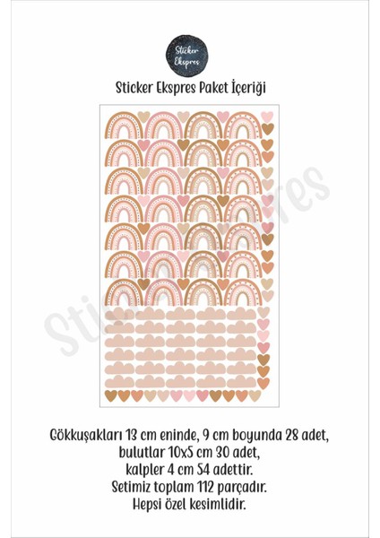 Soft Pembe Soft Kahverengi Tonlarda Boho Gökkuşağı ve Kalpler Çocuk Odası Duvar Sticker