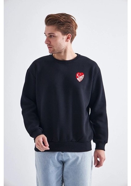 Sweatshirt, Siyah Basic Kapüşonsuz, Içi Polarlı, Üç Iplik Tff M