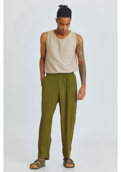 Relaxed Fit Dökümlü Erkek Pantolonu Haki