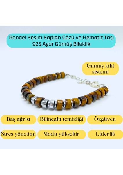 Sertifikalı Rondel Kesim Kaplan Gözü ve Hematit 925 Ayar Doğal Taş Gümüş Bileklik 6mm indirimleri
