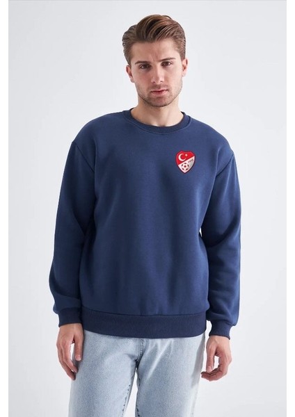 Sweatshirt, Lacivert Basic Kapüşonsuz, Içi Polarlı, Üç Iplik Tff S