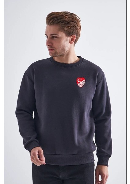 Sweatshirt, Füme Basic Kapüşonsuz, Içi Polarlı, Üç Iplik Tff M