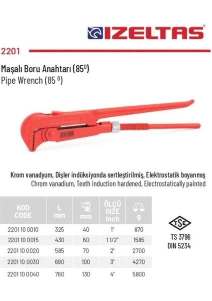 Izeltaş 2" Maşalı Boru Anahtarı 2201 10 0020 modelleri