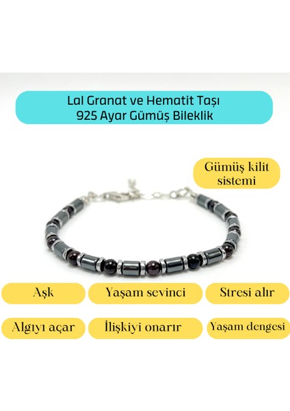 Sertifikalı Lal Granat ve Hematit 925 Ayar Doğal Taş Gümüş Bileklik 4mm