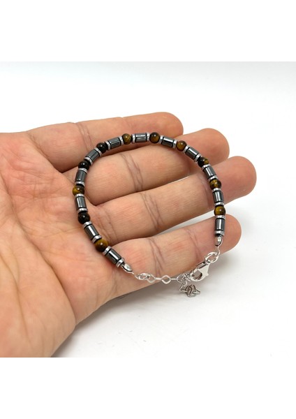 Sertifikalı Kaplan Gözü ve Hematit 925 Ayar Doğal Taş Gümüş Bileklik 4mm