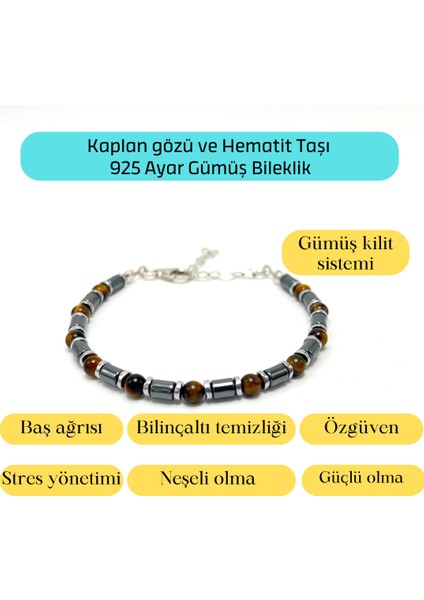 Sertifikalı Kaplan Gözü ve Hematit 925 Ayar Doğal Taş Gümüş Bileklik 4mm