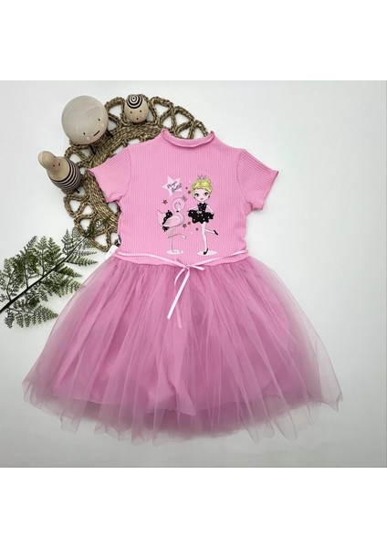 Flamingo Balerin Kız Baskılı Kurdela Kuşaklı Astarlı Kız Çocuk Tütü Elbise Pembe