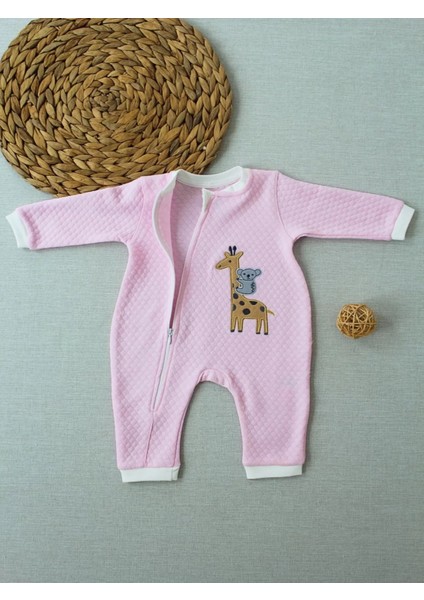 Animal Nakışlı Bal Peteği Kumaş Es Fermuarlı Kız Bebek Tulumu Pembe