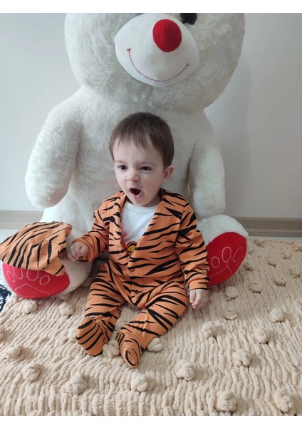 Pooh Desenli Zebra Çizgili Şapkalı Sweatli 3Lü Kız Erkek Bebek Tulumu Turuncu