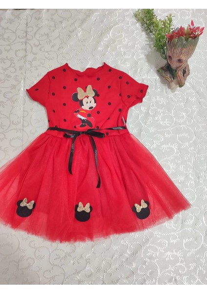 Puantiyeli Mickey Baskılı Kurdela Kuşaklı Astarlı Kız Bebek Tütü Elbisesi Kırmızı modelleri