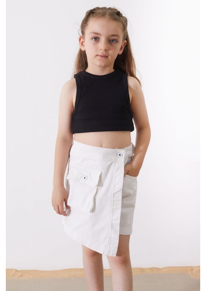 Beyaz Düğmeli Cepli Kız Çocuk Jean Şort Etek 18888