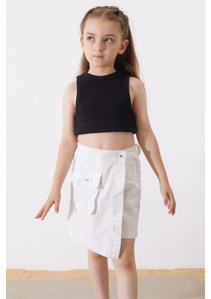 Beyaz Düğmeli Cepli Kız Çocuk Jean Şort Etek 18888 modelleri