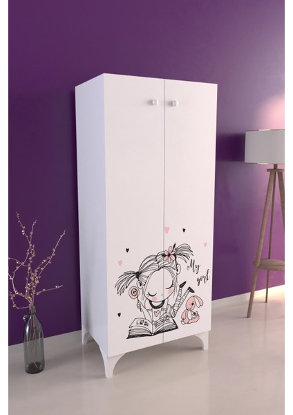 Happy Girl Çocuk Odası Beyaz Dolap 3 Raflı Çok Amaçlı Baskılı Oyuncak Dolabı