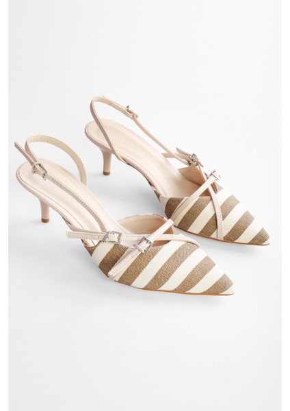 Kadın Flax Kahve Keten Çizgili Topuklu Stiletto