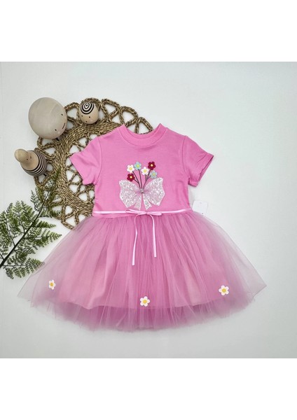 Tül Fiyonk Çiçekler Nakışlı Astarlı Kız Bebek Tütü Elbisesi Pembe
