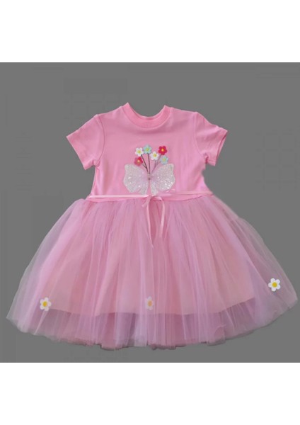 Tül Fiyonk Çiçekler Nakışlı Astarlı Kız Bebek Tütü Elbisesi Pembe