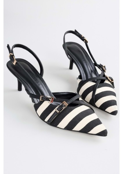 Kadın Flax Siyah Keten Çizgili Topuklu Stiletto