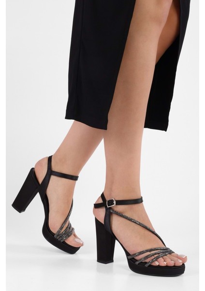 Kadın Sheila Siyah Saten Taşlı Platform Topuklu Ayakkabı