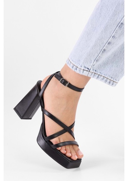 Kadın Shanty Siyah Cilt Platform Topuklu Ayakkabı