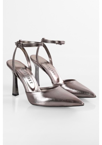 Kadın Martini Platin Parlak Kemerli Bilek Bağlı Stiletto