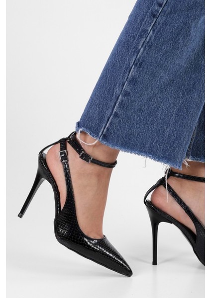 Kadın Mila Siyah Kroko Kemerli Bilekten Bağlı Stiletto
