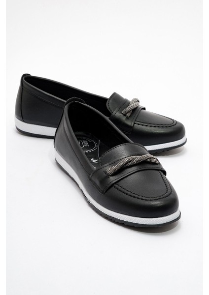 Kaydırmaz Taban Bağlı Lastikli Kadın Babet SİYAH CİLT