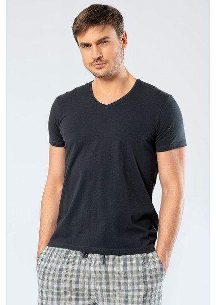 Erkek Pamuklu V Yaka Kısakol T-Shirt, %95 Pamuk %5 Likra