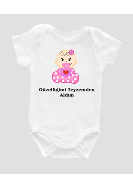 Kısa Kollu Güzelliğimi Teyzemden Aldım %100 Pamuklu Bebek Body Bebek Teyze Zıbın Badi ZBN006