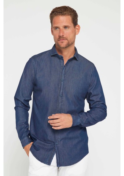Slim Fit Uzun Kollu Dar Kesim Italyan Yaka 4 Mevsim Düz Denim Lacivert Erkek Gömlek