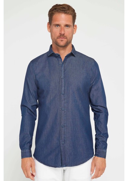 Slim Fit Uzun Kollu Dar Kesim Italyan Yaka 4 Mevsim Düz Denim Lacivert Erkek Gömlek fiyatları