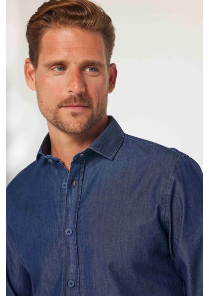 Slim Fit Uzun Kollu Dar Kesim Italyan Yaka 4 Mevsim Düz Denim Lacivert Erkek Gömlek modelleri