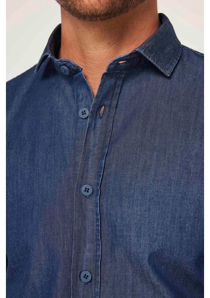 Slim Fit Uzun Kollu Dar Kesim Italyan Yaka 4 Mevsim Düz Denim Lacivert Erkek Gömlek fırsatları