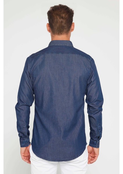Slim Fit Uzun Kollu Dar Kesim Italyan Yaka 4 Mevsim Düz Denim Lacivert Erkek Gömlek indirimleri