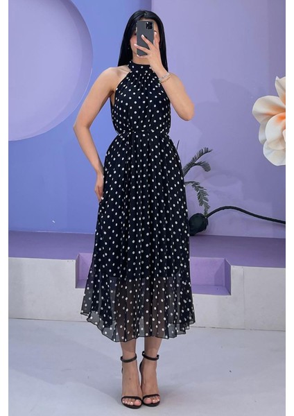 Siyah Puantiyeli Sıfır Kol Halter Yaka Elbise MG2134