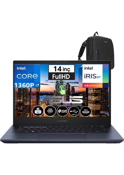 Expertbook B5 Flip Intel Core I7 1360P 16GB Ddr5 1tb SSD 14" Fhd WINDOWS11PRO Taşınabilir Dokunmatik Bilgisayar B5402FVA-I7161TBB1D27+WEBLEGELSINÇANTA