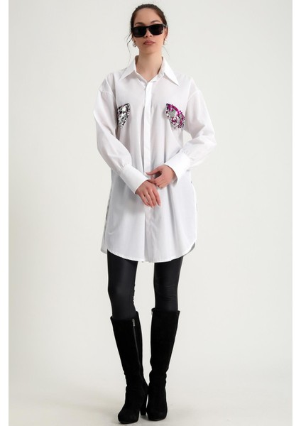 Pul Payet Sahte Cep ve Manşet Detaylı Uzun Kol Düğmeli Rahat Kalıp Yanları Yırtmaçlı Tunik Gömlek fiyatları