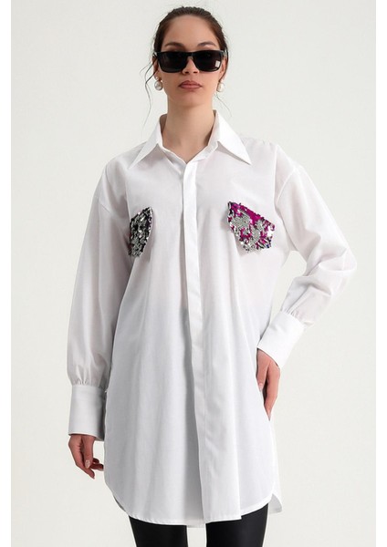 Pul Payet Sahte Cep ve Manşet Detaylı Uzun Kol Düğmeli Rahat Kalıp Yanları Yırtmaçlı Tunik Gömlek modelleri