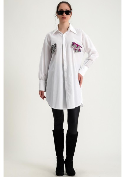 Pul Payet Sahte Cep ve Manşet Detaylı Uzun Kol Düğmeli Rahat Kalıp Yanları Yırtmaçlı Tunik Gömlek fırsatları