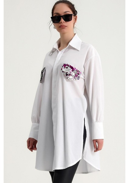 Pul Payet Sahte Cep ve Manşet Detaylı Uzun Kol Düğmeli Rahat Kalıp Yanları Yırtmaçlı Tunik Gömlek indirimleri
