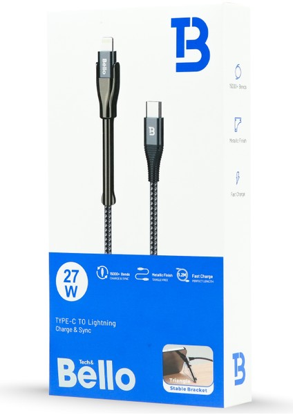 BA-02 Type-C Lightning Standlı Koruyuculu Örgülü Hızlı Şarj Data Kablosu 27W 1.2m