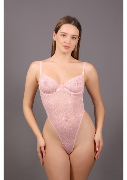 Desteksiz Dantelli Çıtçıtlı Body C15091 Pembe