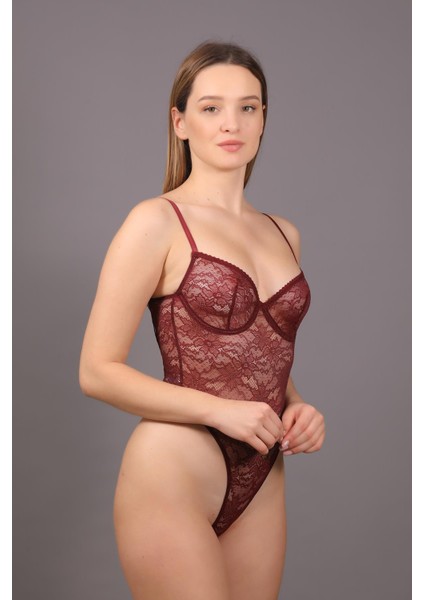 Desteksiz Dantelli Çıtçıtlı Body C15088 Bordo