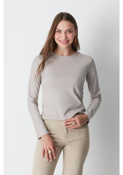Bisiklet Yaka Uzun Kol 2'li Basic T-Shirt 955 Gri/kahve