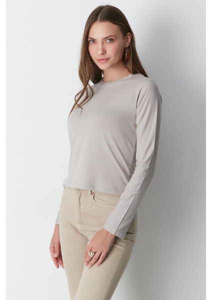 Bisiklet Yaka Uzun Kol 2'li Basic T-Shirt 955 Gri/kahve