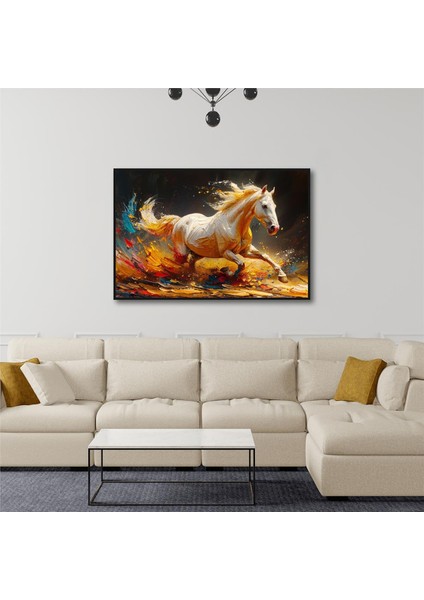 Yağlı Boya Dokulu Tablo Koşan Beyaz At U04003
