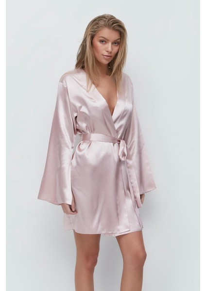 Sırt Detay Uzun Kol Saten Sabahlık 091 Pudra